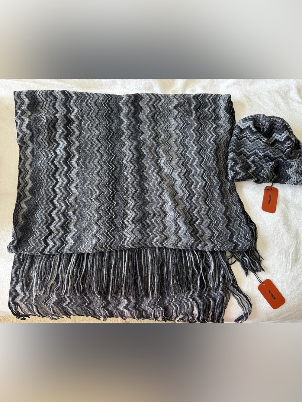 Missoni Black and Gray Zigzag Fringe Scarf and Hat Set NWT